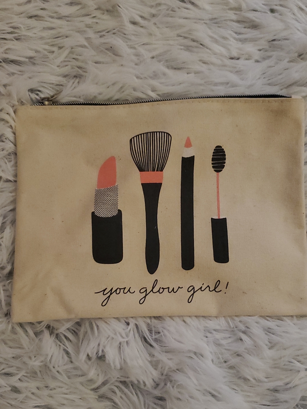 "You Glow Girl!" Makeup Canvas Pouch - Cream with Coral Accents